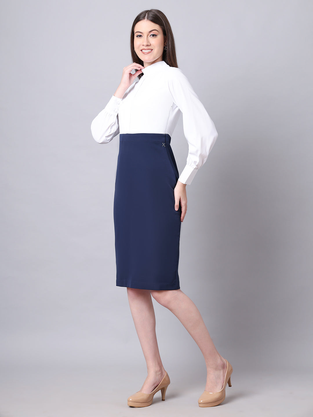 Exude Show-Stopping Colour Block with High Neck Dress Navy Dresses