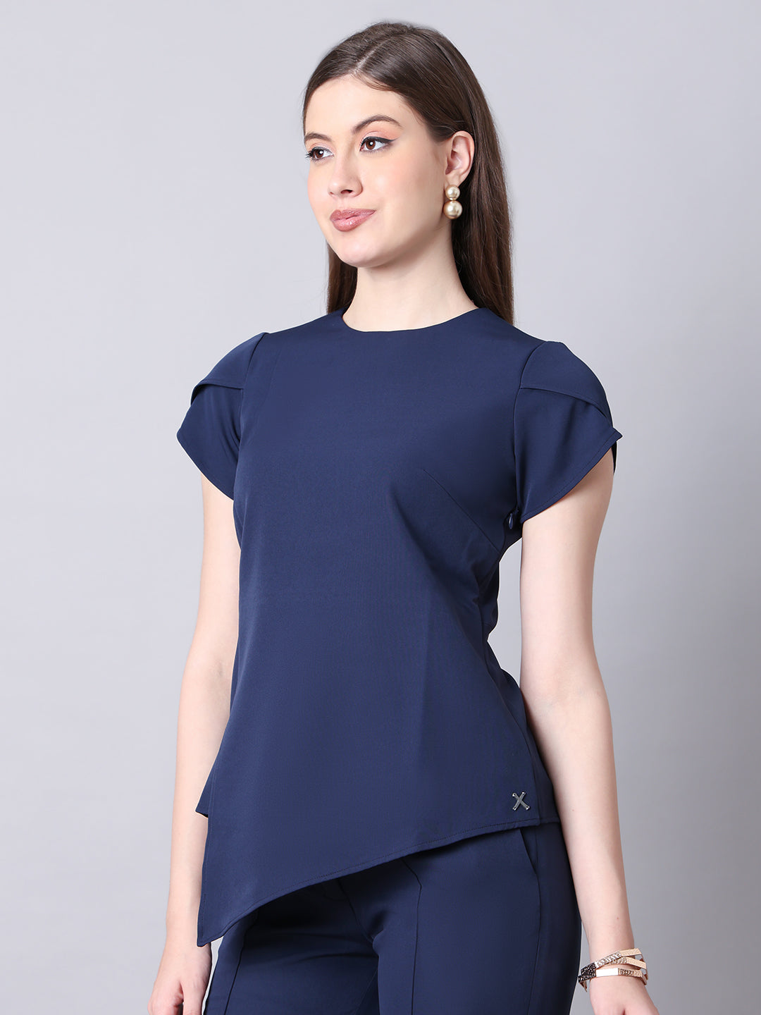 Exude Elysian Essence Asymmetrical Top with Cap Sleeves Navy Tops