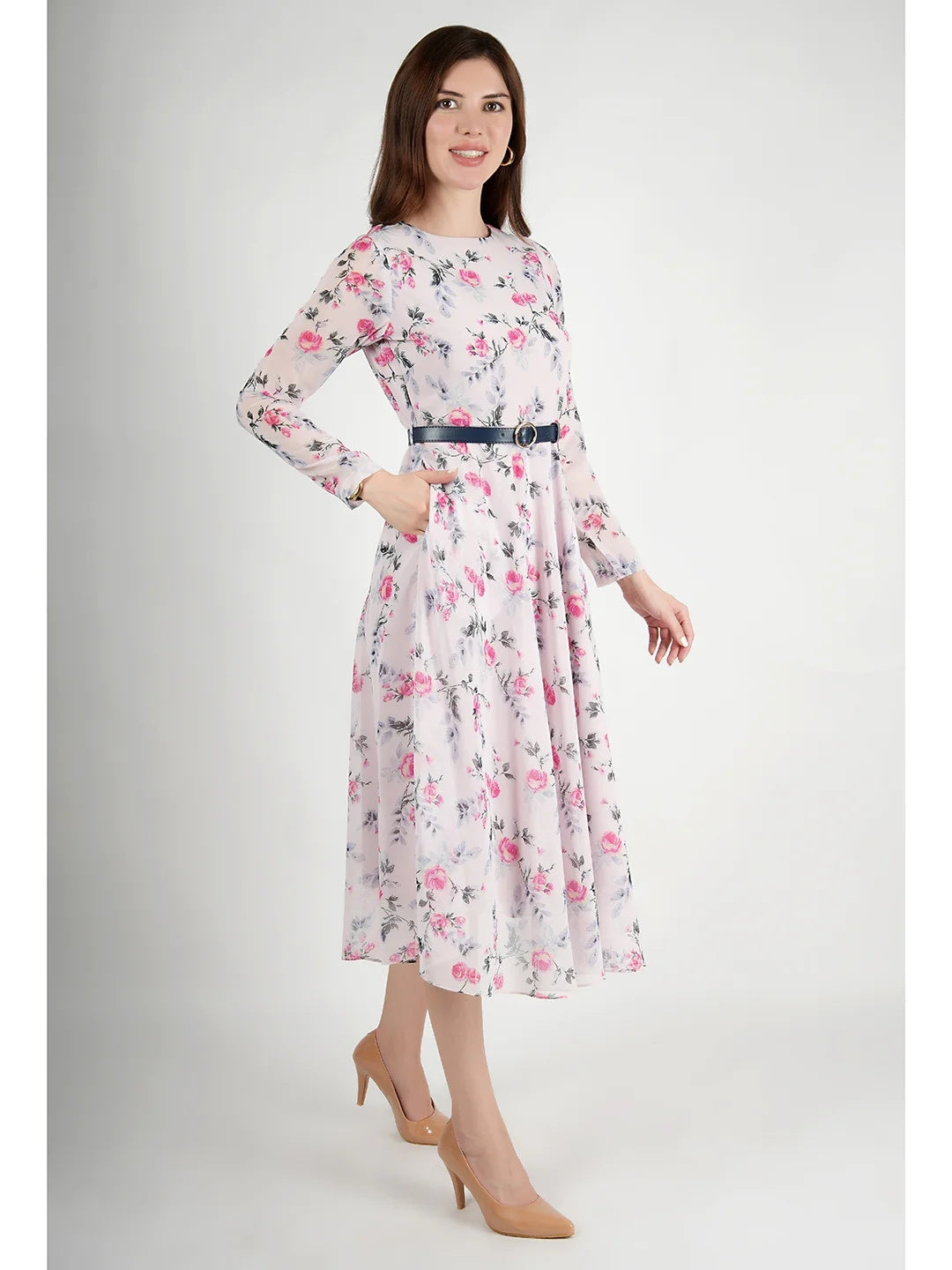 Exude Sunshine A-Line Georgette Dress with Belt Pink Dresses