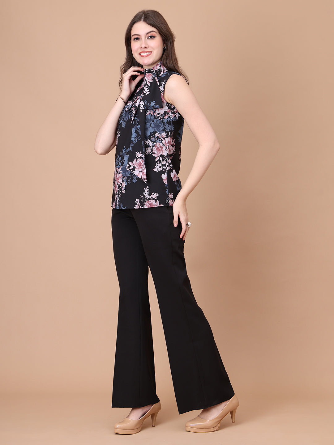 Exude Graceful Threads Sleeveless Floral Top with Front Tie Tops