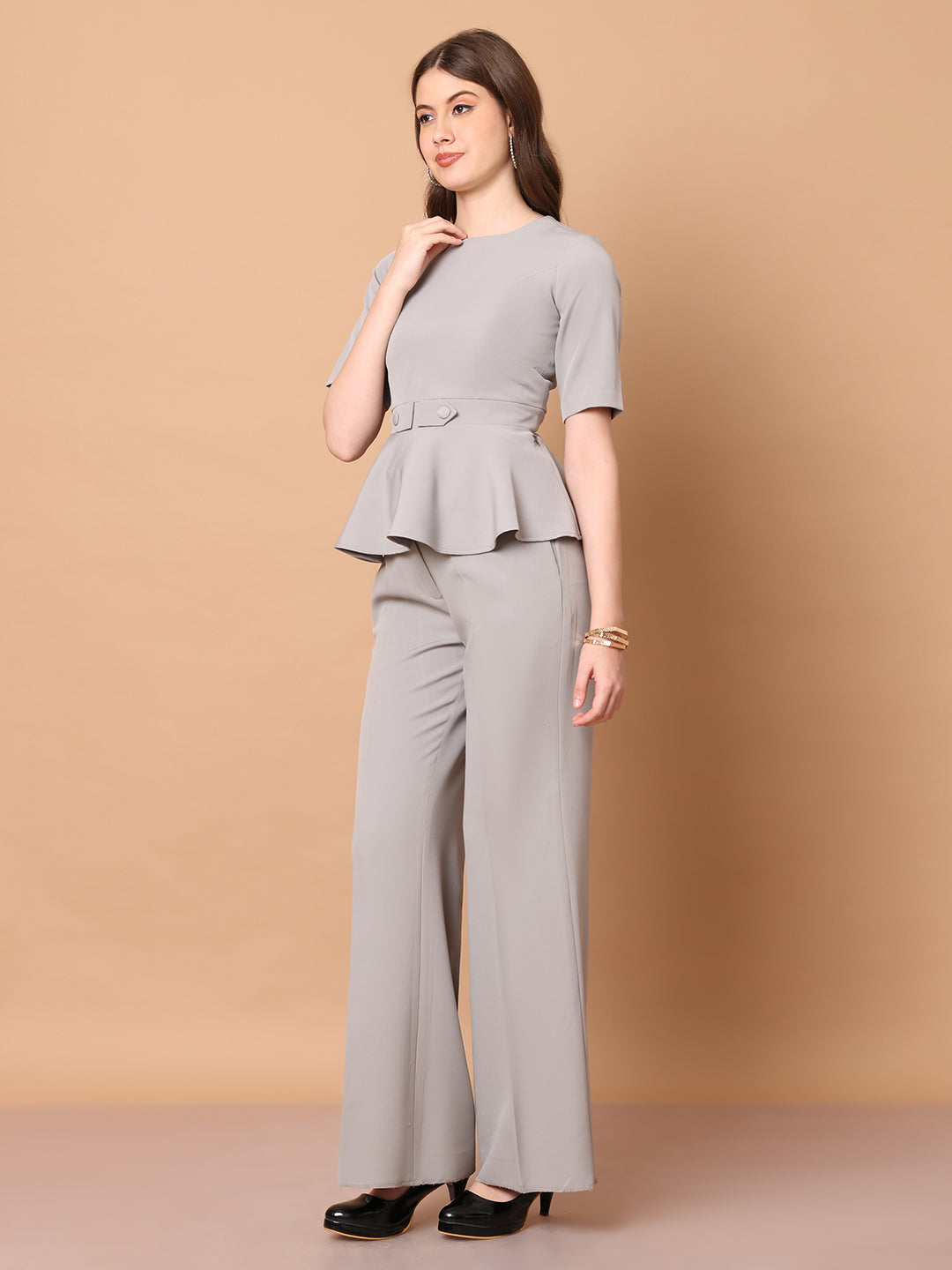 Exude Rise & Roar A-Line Top with Waist Detail, Paired With Matching Bootcut Trouser Grey Co-ord Sets