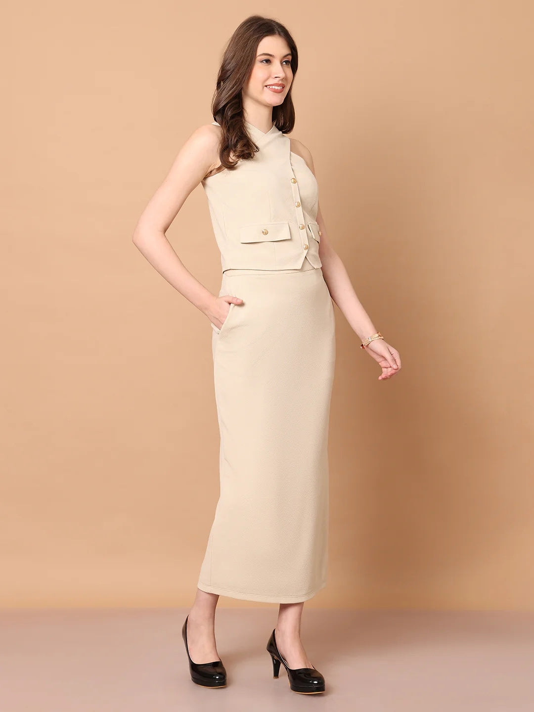 Exude Runway-Ready Long Skirt with Halter Top Beige Co-ord Sets