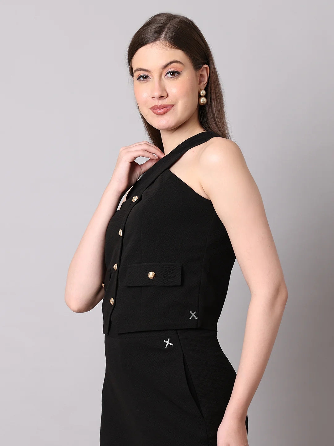 Exude Sophistication Cross Design Halter Top Black