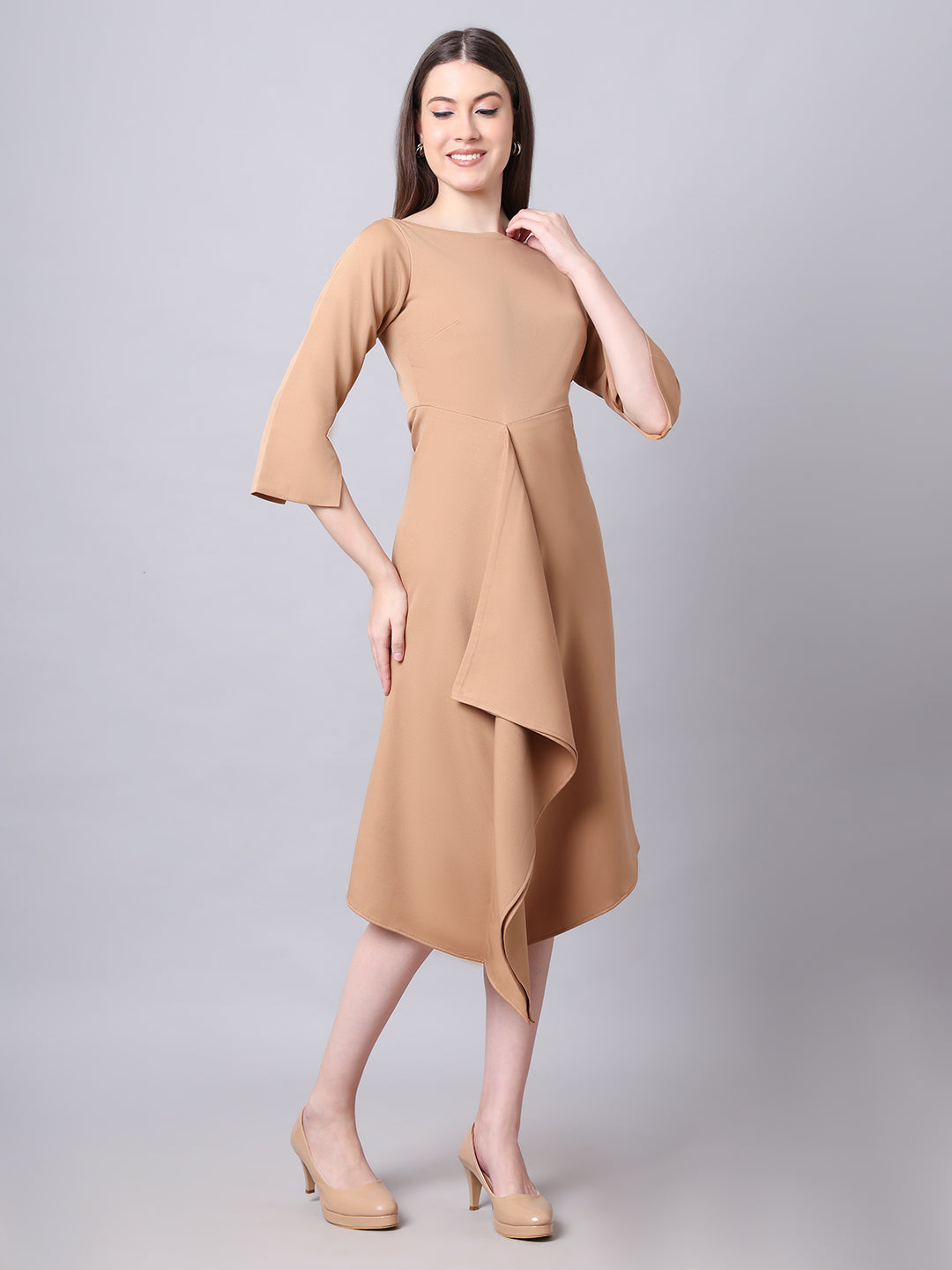 Exude Sunlit Drape Dress With Sleeves Beige Dresses