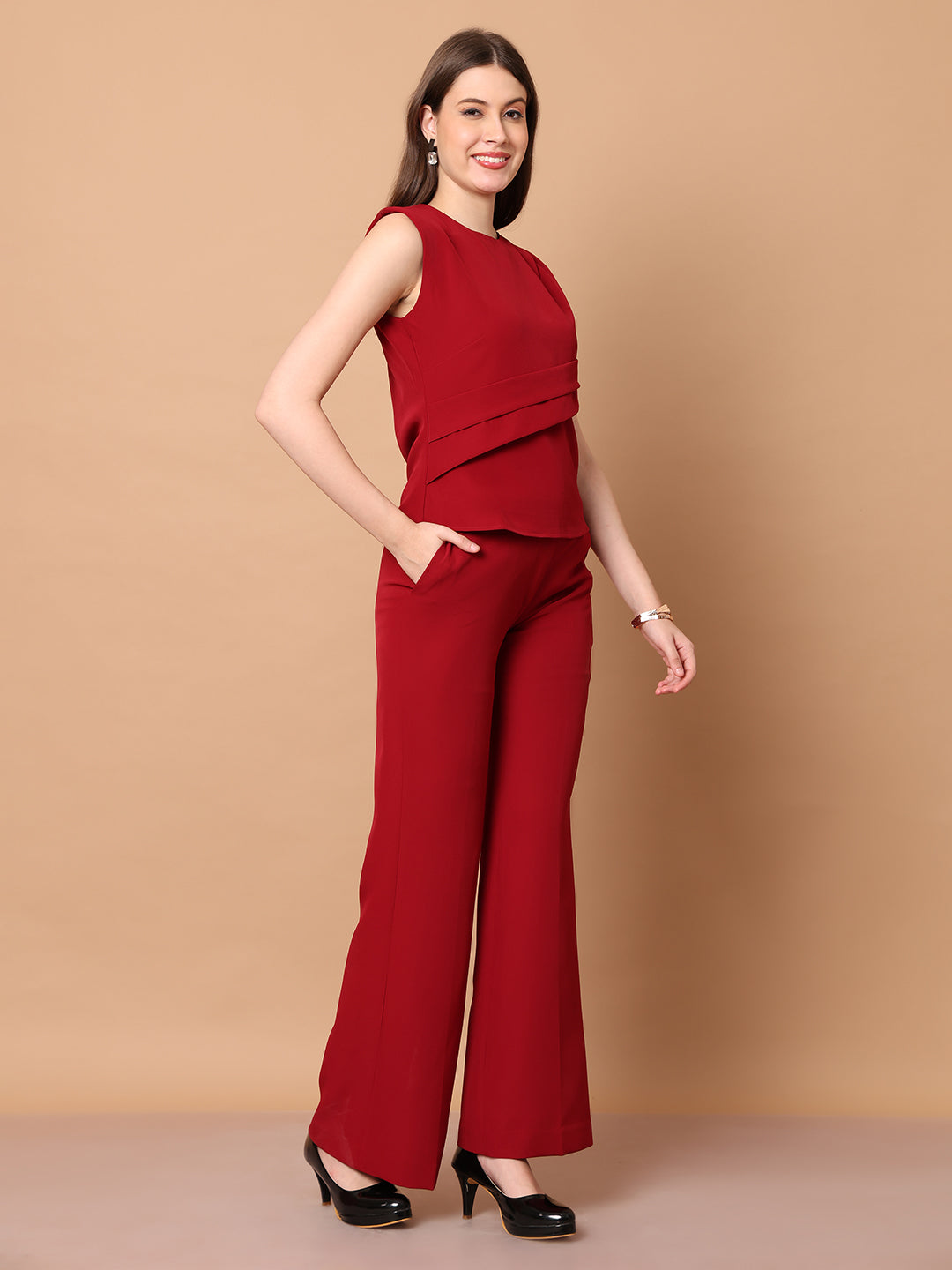 Exude Power in Motion Side and Shoulder Pleat Top Paired with Bootcut Trousers Red Co-ord Sets