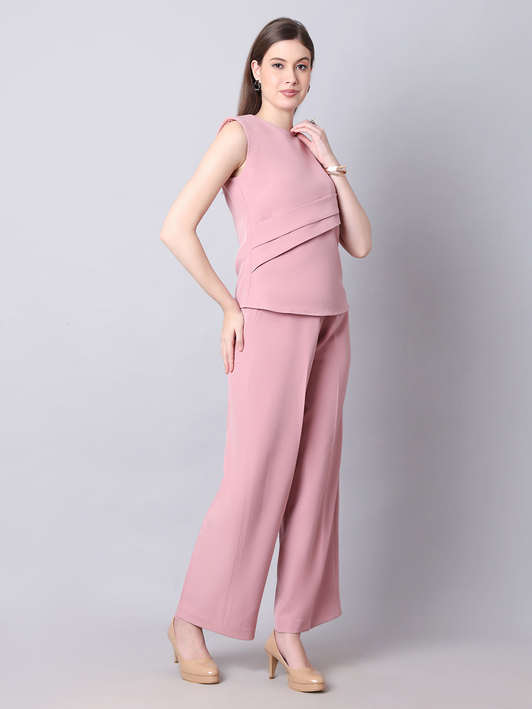 Exude Warrior Queen Side and Shoulder Pleat Top Paired with Wide Leg Trousers Dusty Pink Co-ord Sets