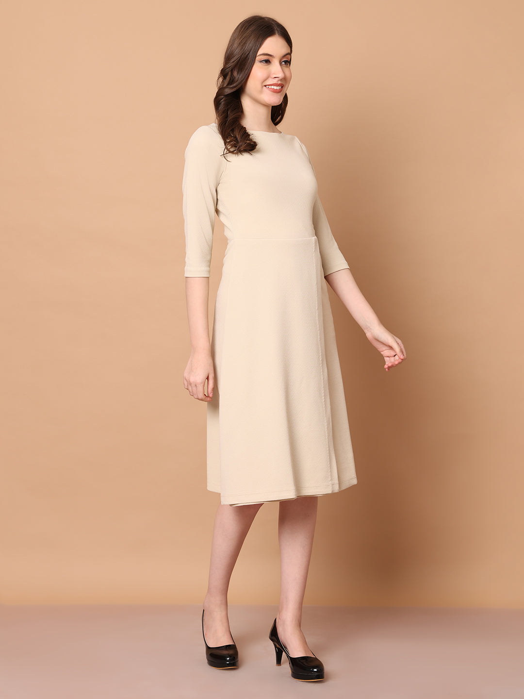 Exude Urban Elegance Wrap Dress with Sleeves Beige Dresses