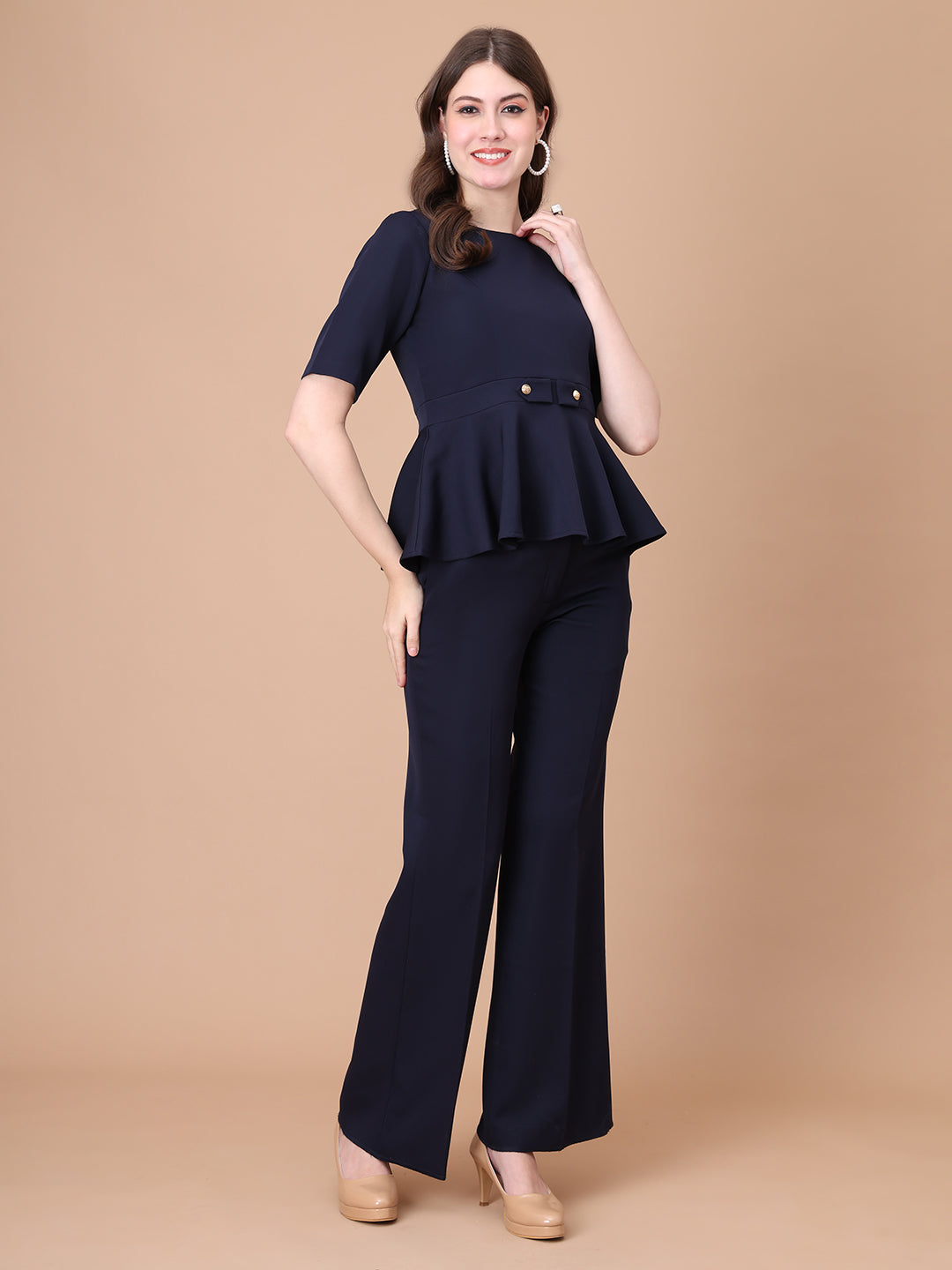 Exude Rise & Roar A-Line op with Waist Detail, Paired With Matching Bootcut Trouser Navy Co-ord Sets