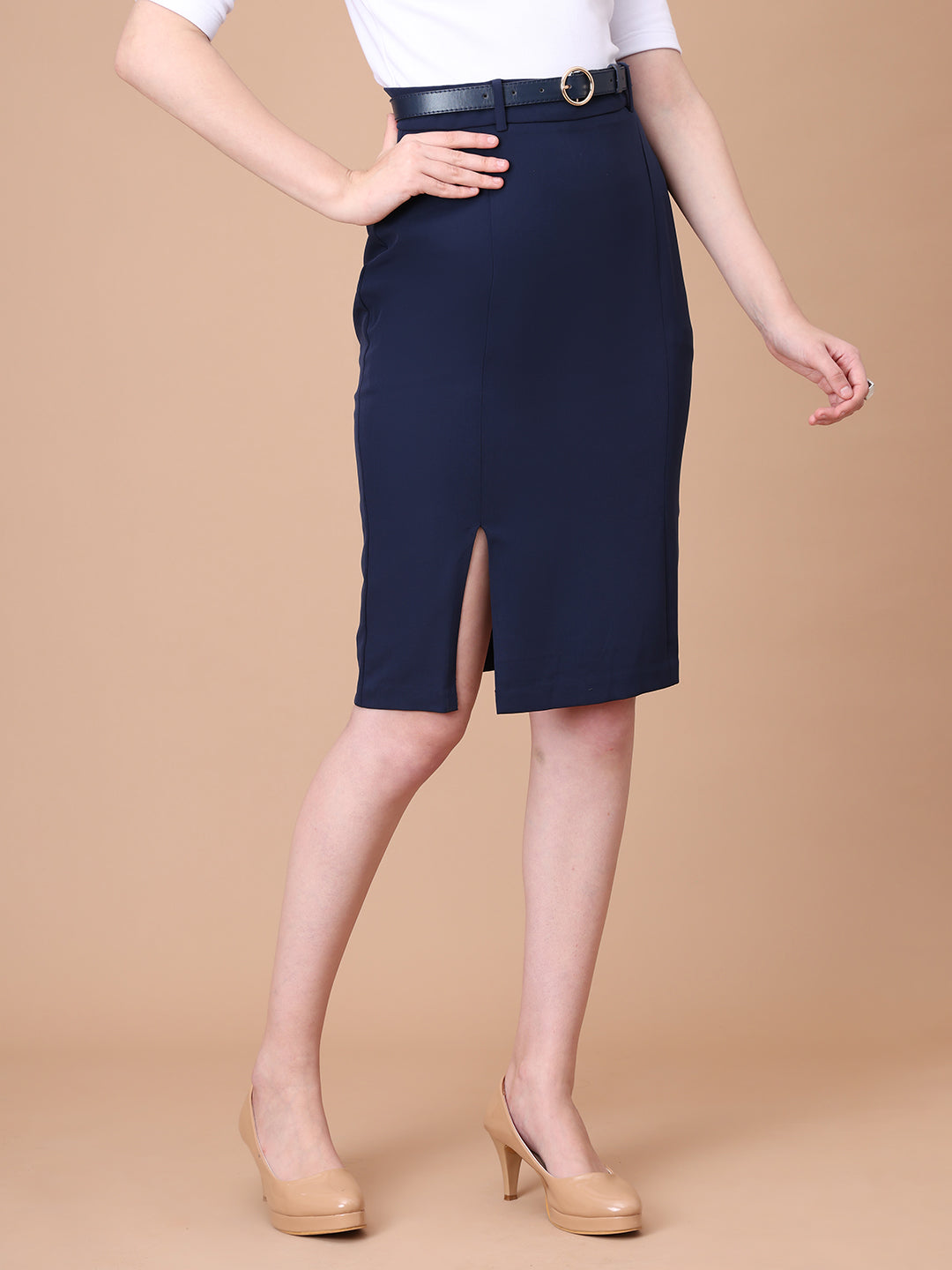 Exude Courageous Spirit Knee Length Front Slit Skirt with Belt Navy Skirt