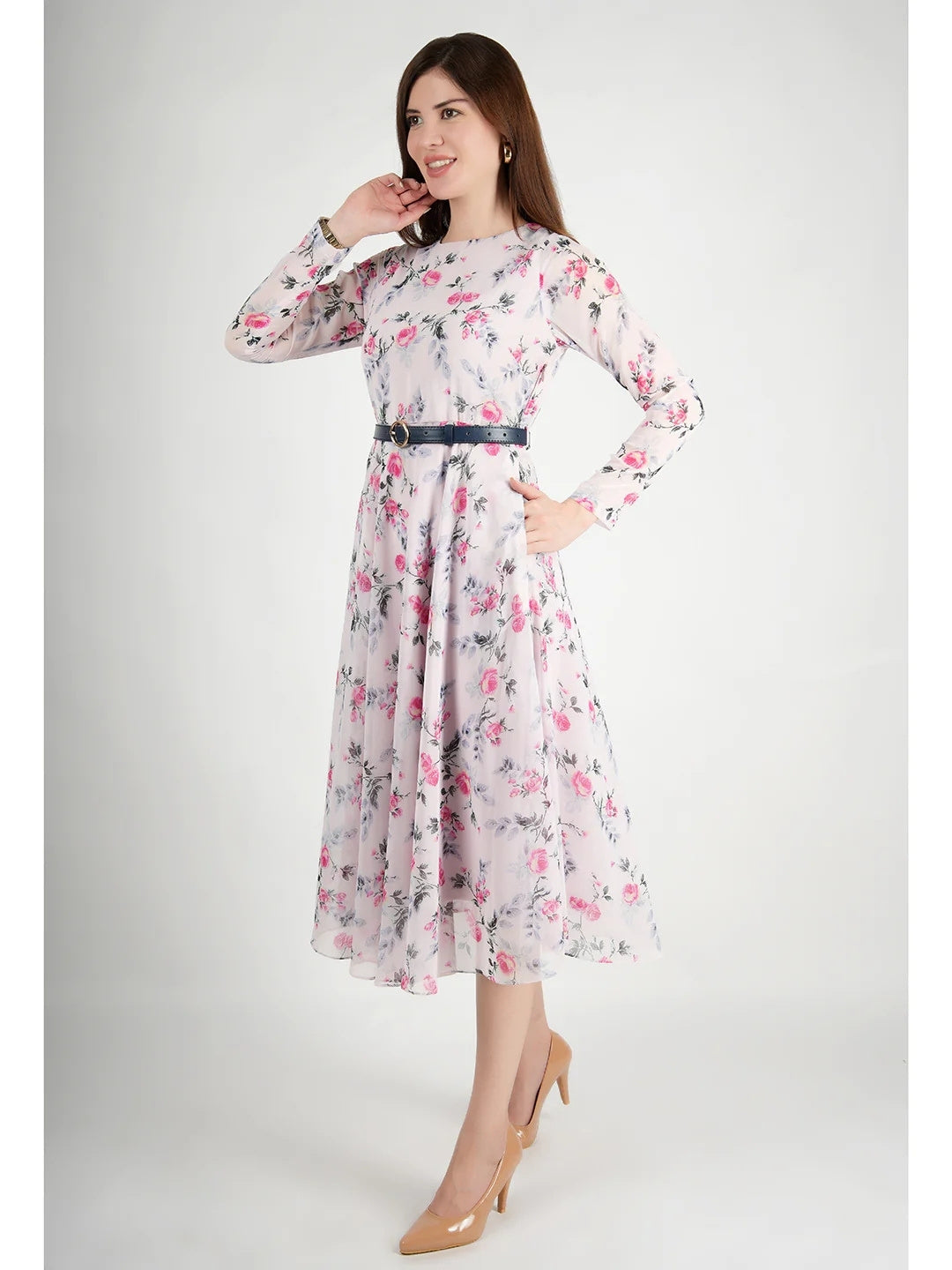 Exude Sunshine A-Line Georgette Dress with Belt Pink Dresses