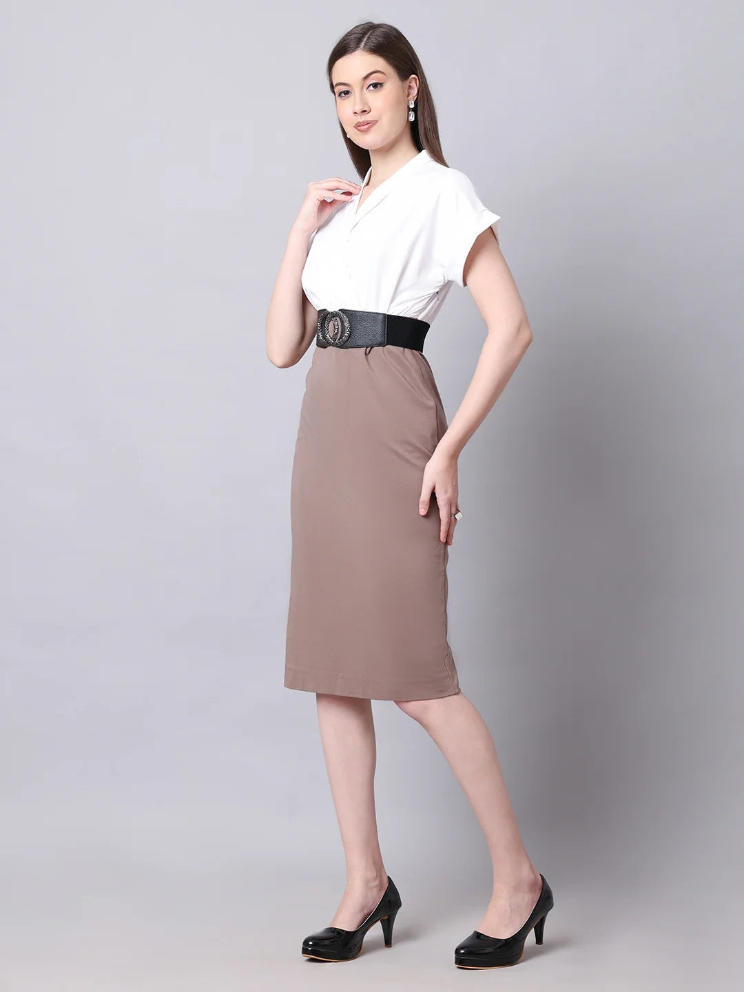 Exude Sparkling Color Block Blouson Dress With Belt Beige Dresses