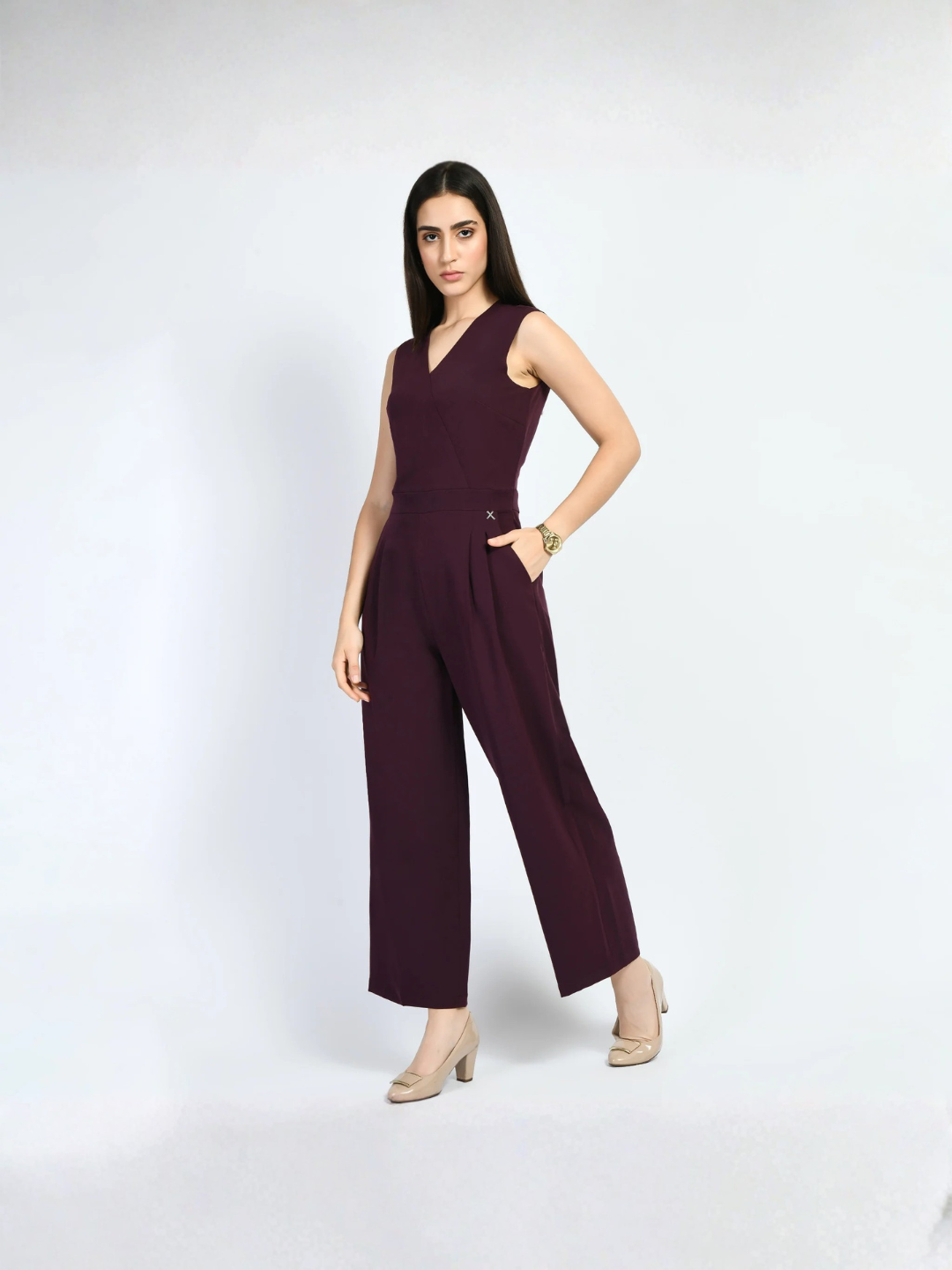 Exude Timelessness V-neck Wide-Leg Jumpsuit Wine Jumpsuits