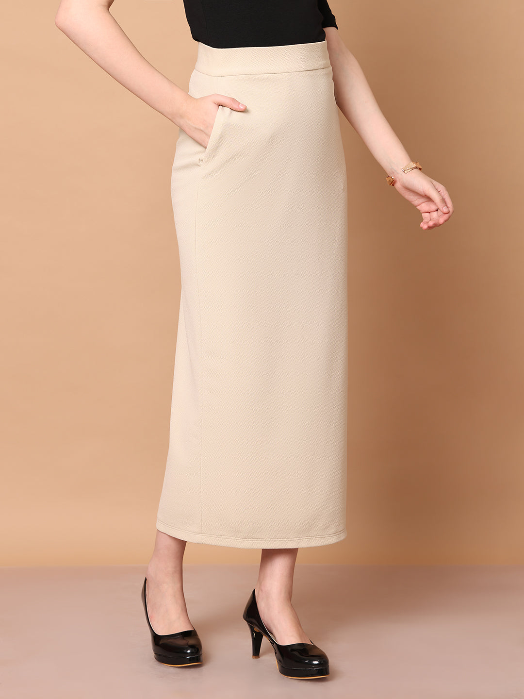 Exude Statement Piece Long Black Skirt with Side Slit Beige