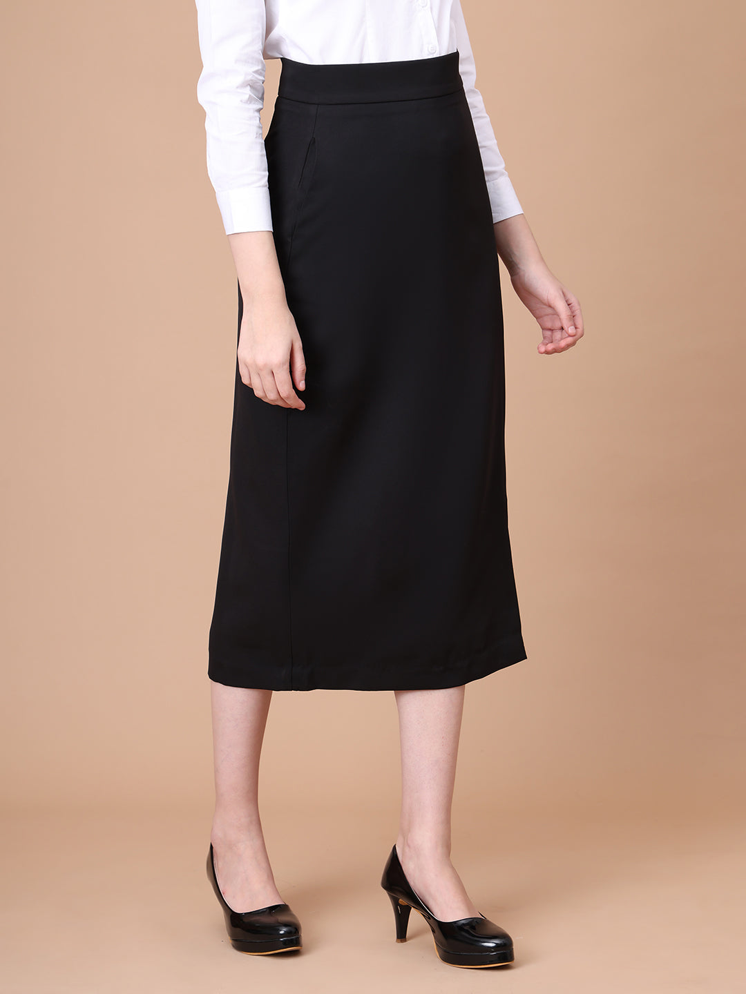 Exude Unstoppable Grace Midi Skirt With Front Slit Black Skirt