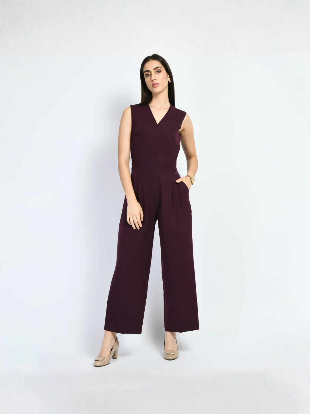 Exude Timelessness V-neck Wide-Leg Jumpsuit Wine Jumpsuits