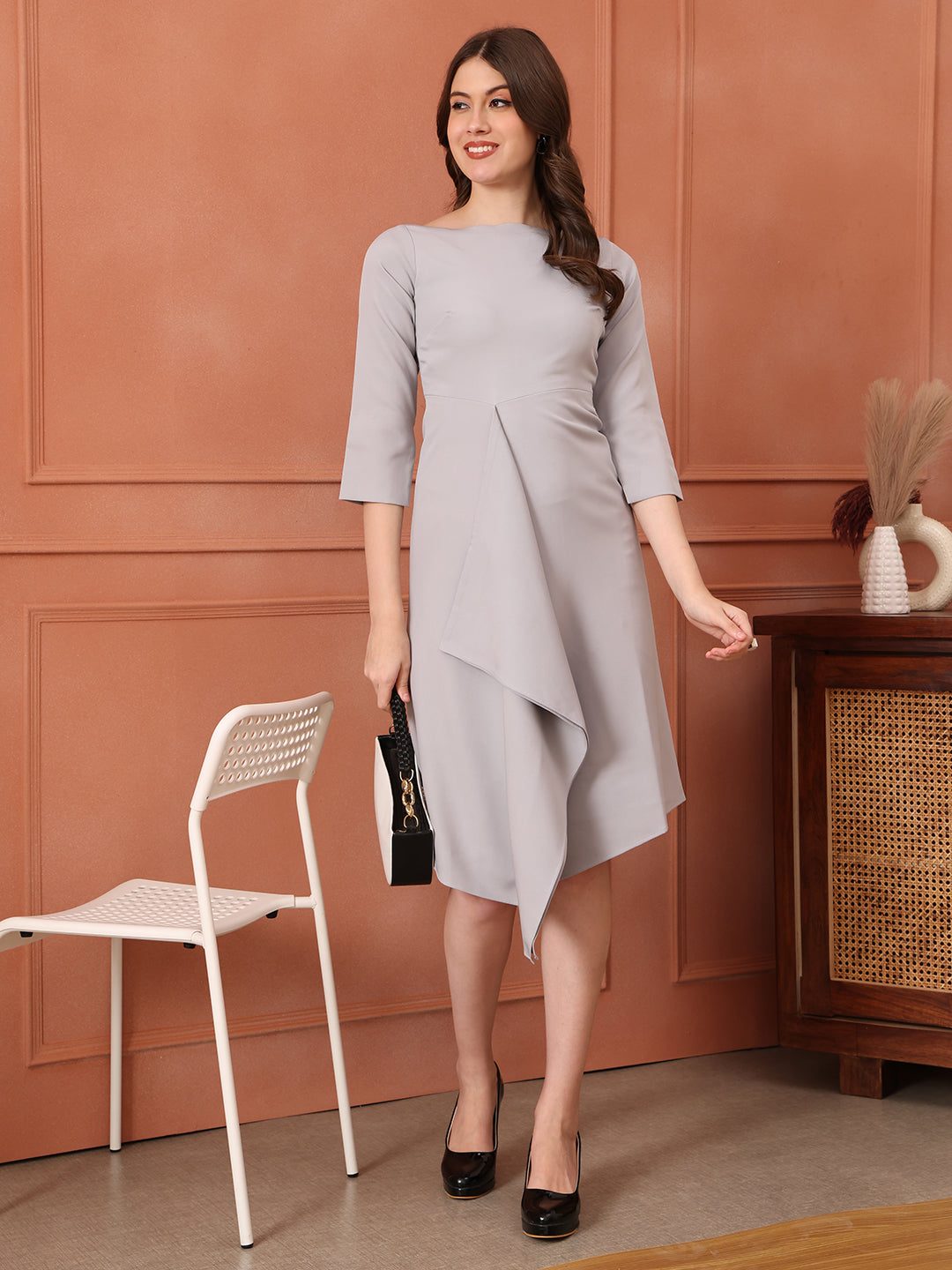 Exude Sunlit Drape Dress With Sleeves Grey Dresses