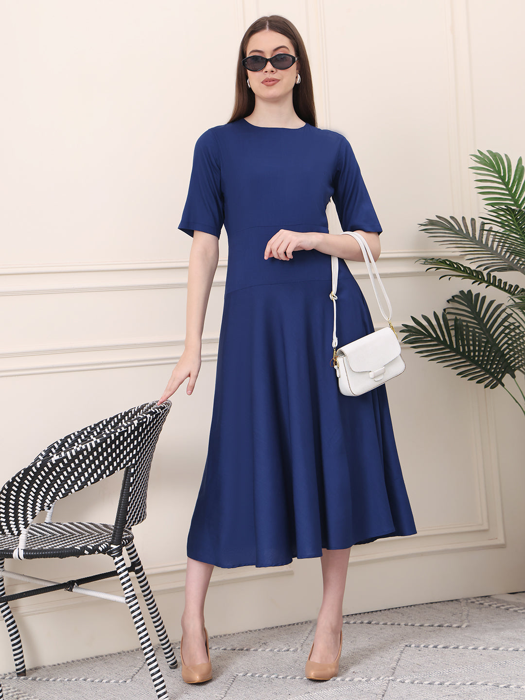 Exude Resilient Radiance Midi Flare Dress with Sleeves Navy Dresses