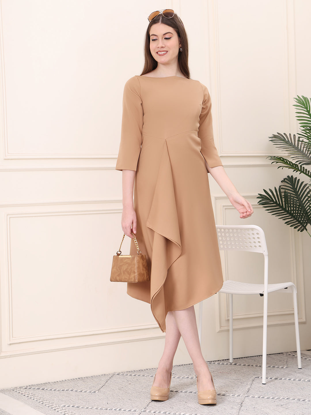 Exude Sunlit Drape Dress With Sleeves Beige Dresses