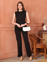 Exude Power in Motion Side and Shoulder Pleat Top Paired with Bootcut Trousers Black Trousers