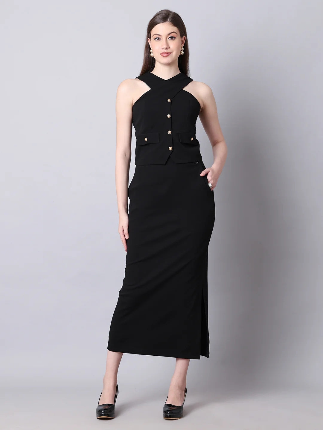 Exude Runway-Ready Long Skirt with Halter Top Black Co-ord Sets