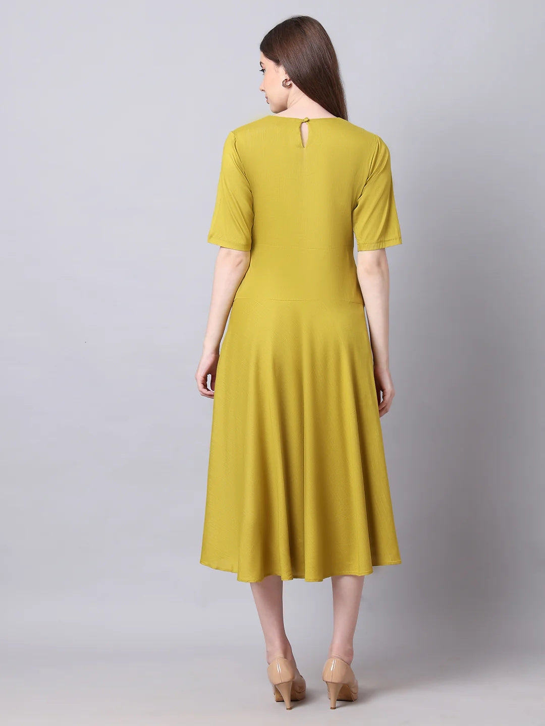 Exude Resilient Radiance Midi Flare Dress with Sleeves Lime Dresses
