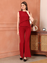 Exude Power in Motion Side and Shoulder Pleat Top Paired with Bootcut Trousers Red Co-ord Sets