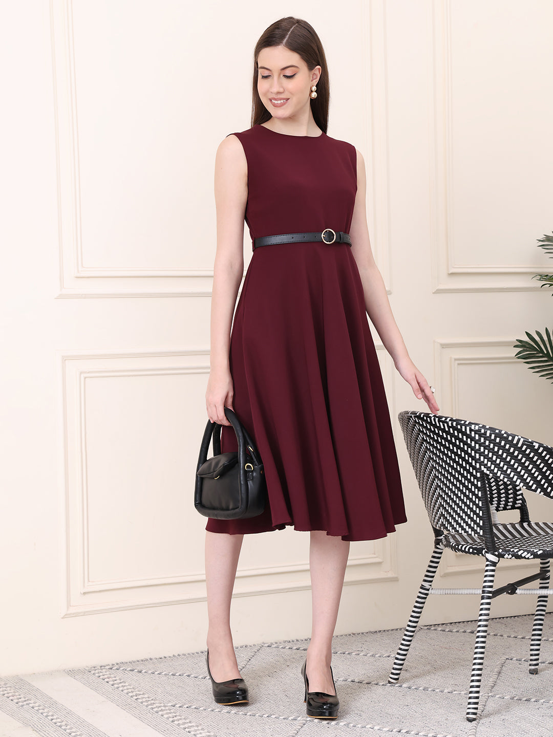 Exude Warmth Fit & Flare Dress with Belt Wine Dresses