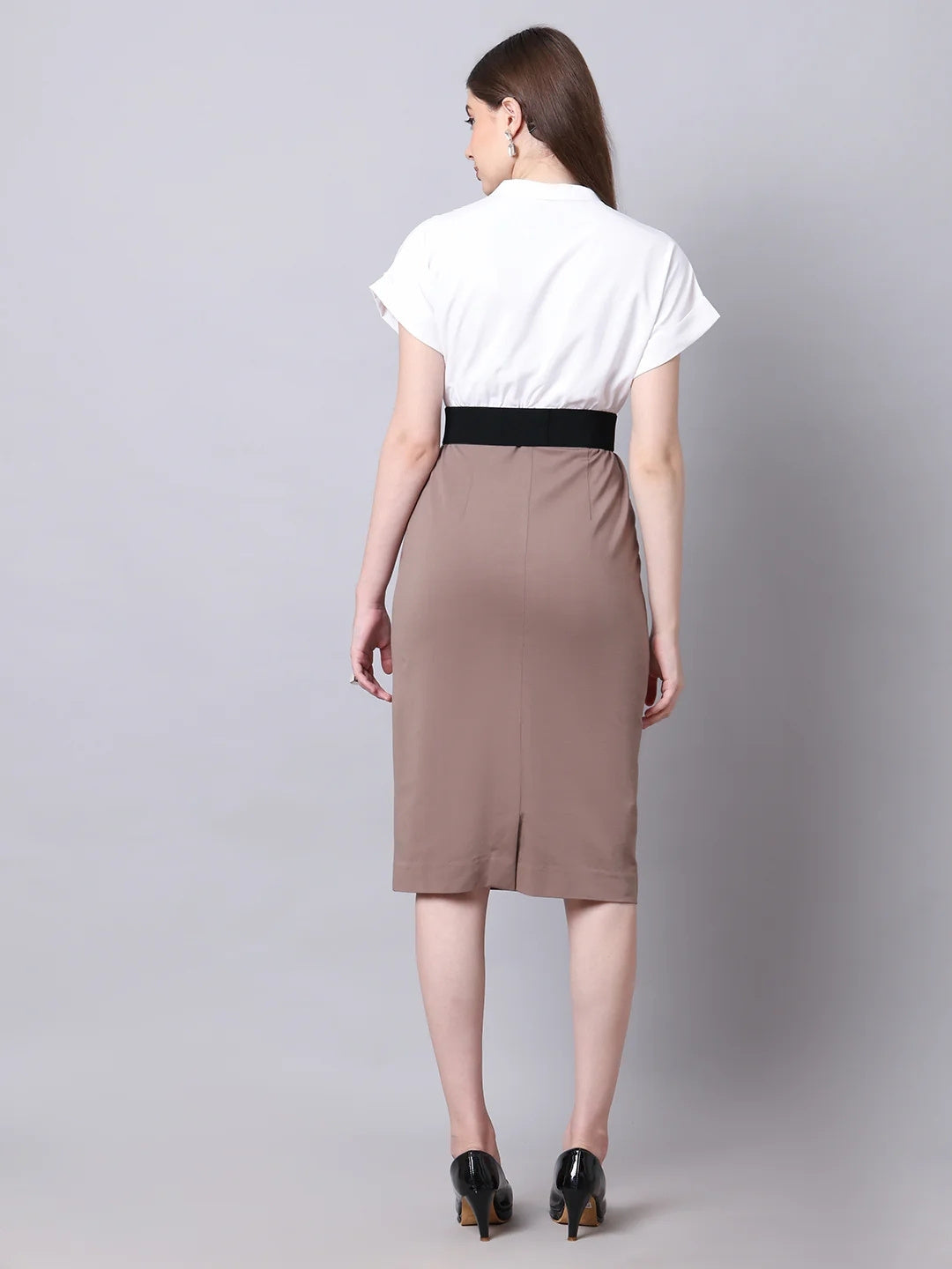 Exude Sparkling Color Block Blouson Dress With Belt Beige Dresses