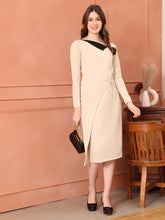 Exude Feminine Flair Front Fold Wrap Dress Beige Dresses