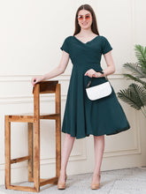 Exude Intrepid V-Neck Front Pleat Dress with Pockets Emerald