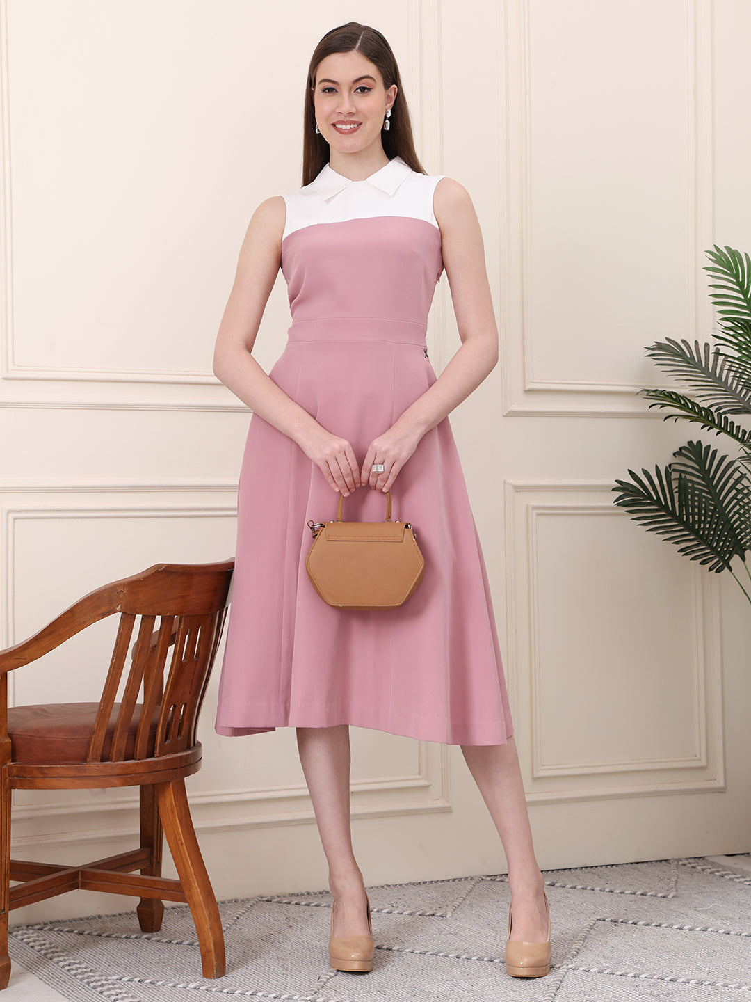 Exude Bronzed Color Block Dress With Collar Blush Pink Dresses