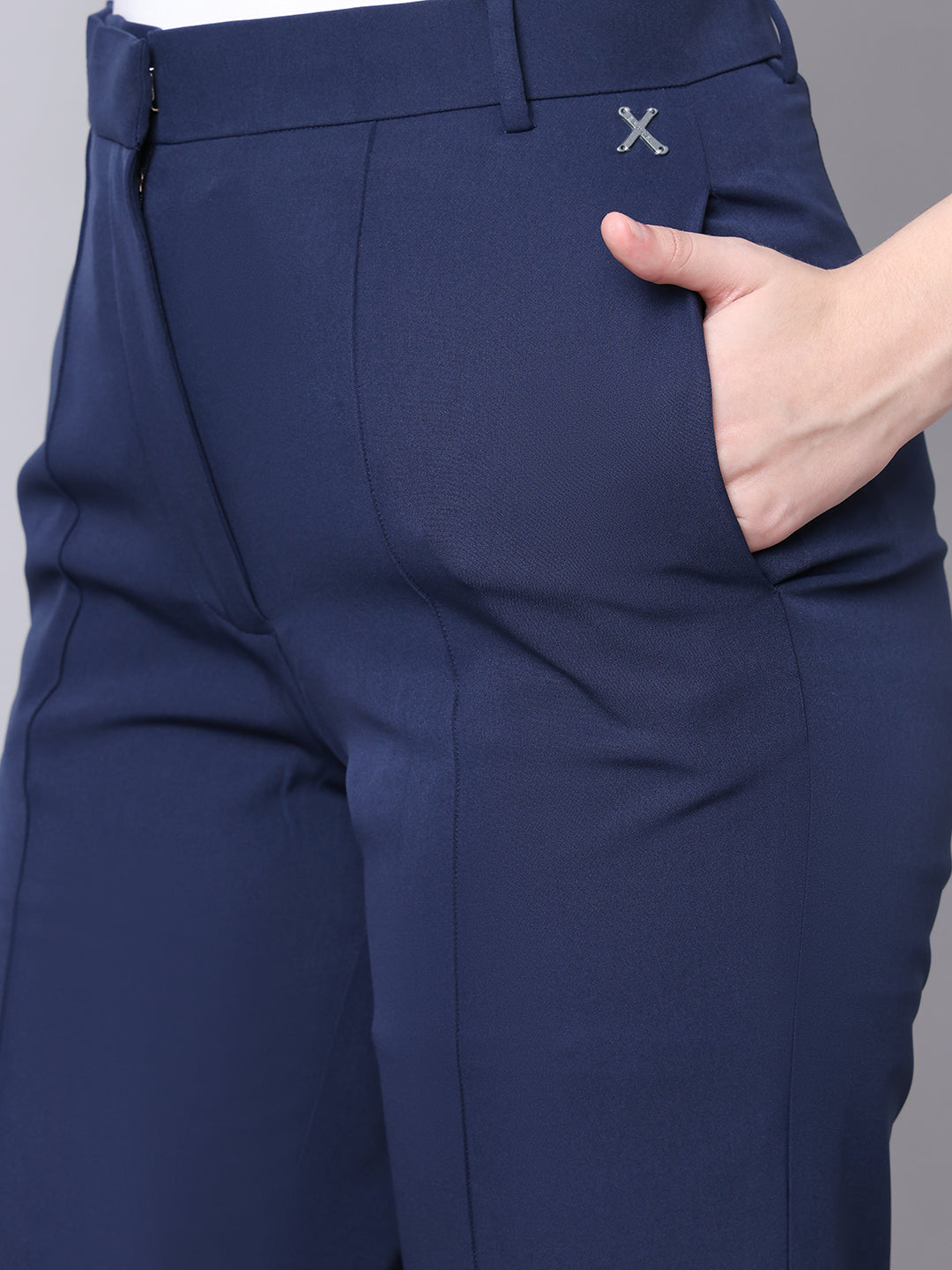 Exude Timeless Threads Straight Fit Trousers with Pockets Navy Trousers
