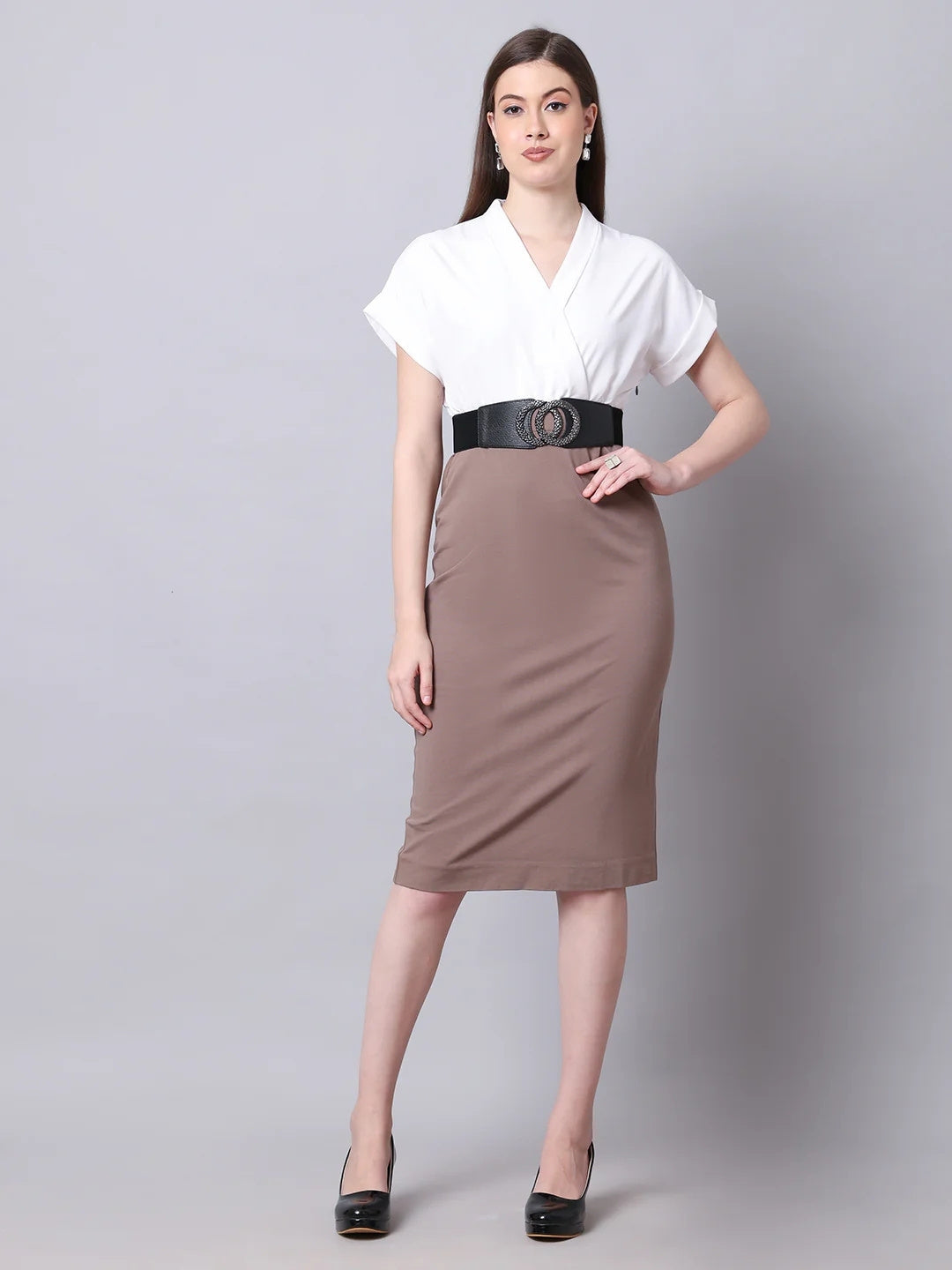 Exude Sparkling Color Block Blouson Dress With Belt Beige Dresses