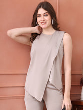 Exude Infinite Femme Satin Sleeveless Top with Front Side Overlay Light Beige Tops