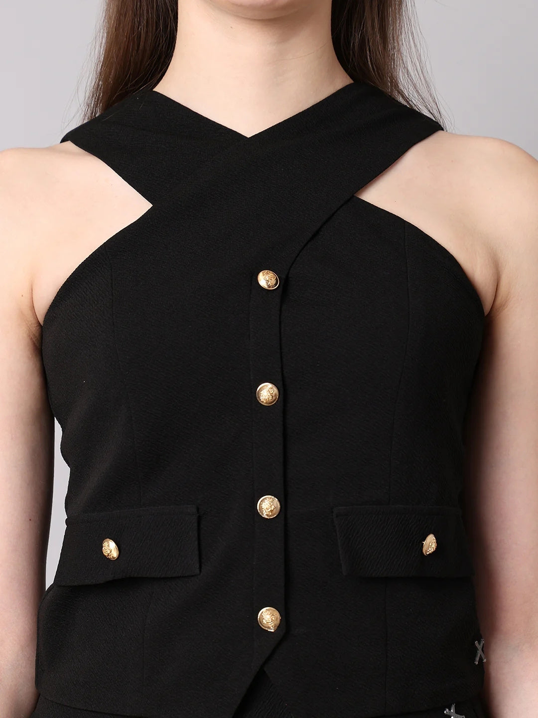 Exude Runway-Ready Long Skirt with Halter Top Black Co-ord Sets