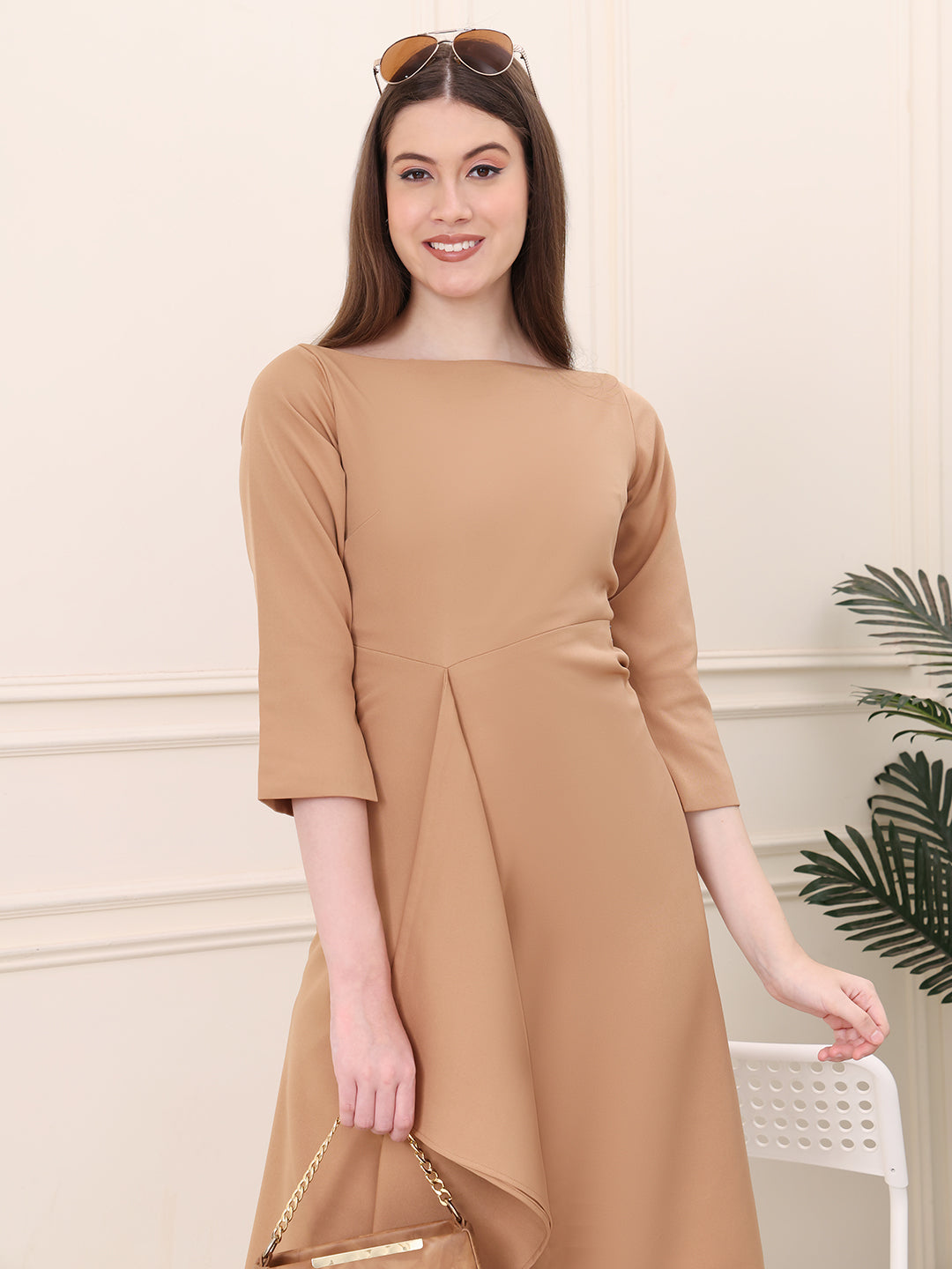 Exude Sunlit Drape Dress With Sleeves Beige Dresses
