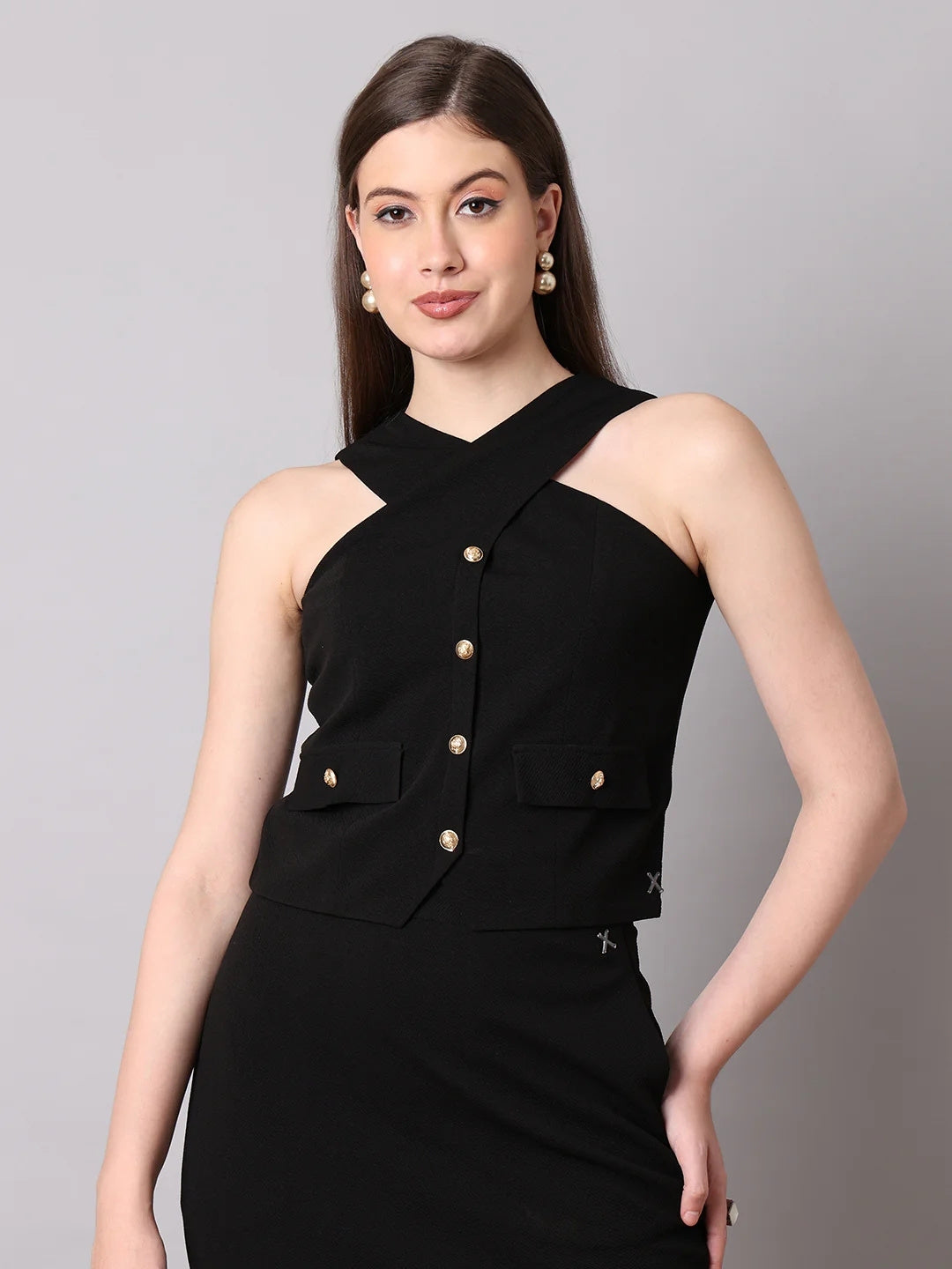 Exude Sophistication Cross Design Halter Top Black