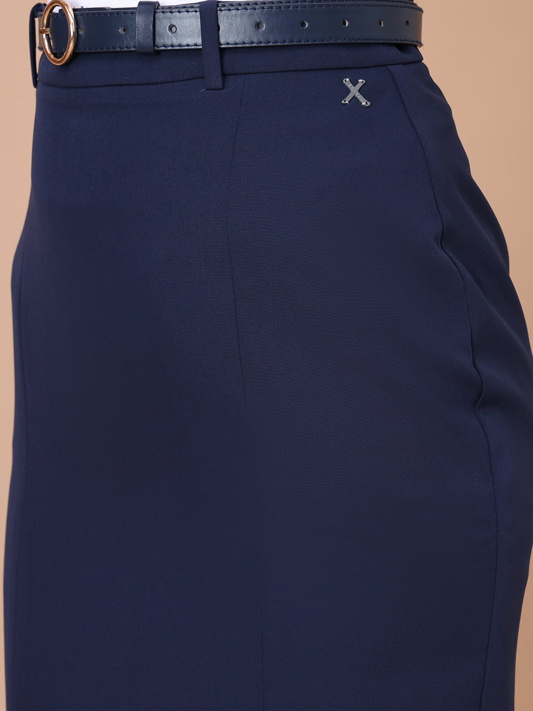 Exude Courageous Spirit Knee Length Front Slit Skirt with Belt Navy Skirt