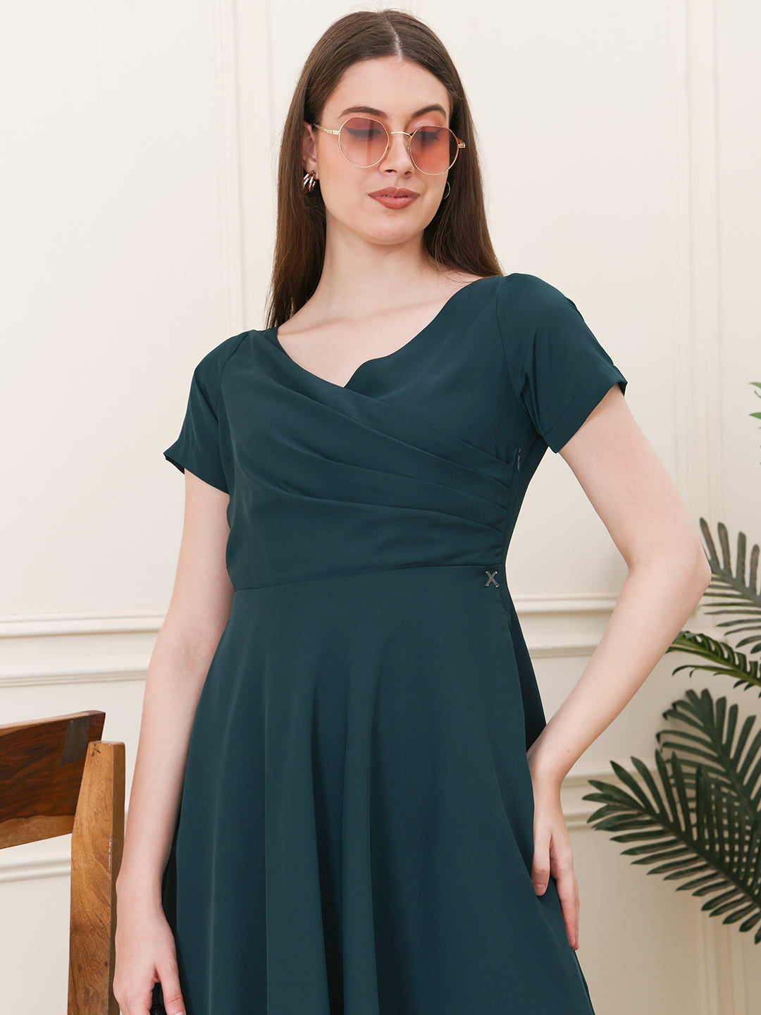Exude Intrepid V-Neck Front Pleat Dress with Pockets Emerald
