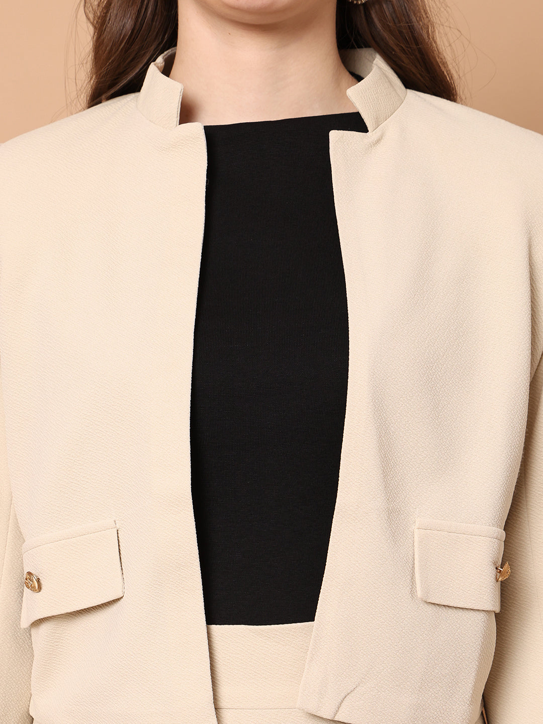 Exude Triumph Mandarin Collar Crop Blazer Beige Blazers