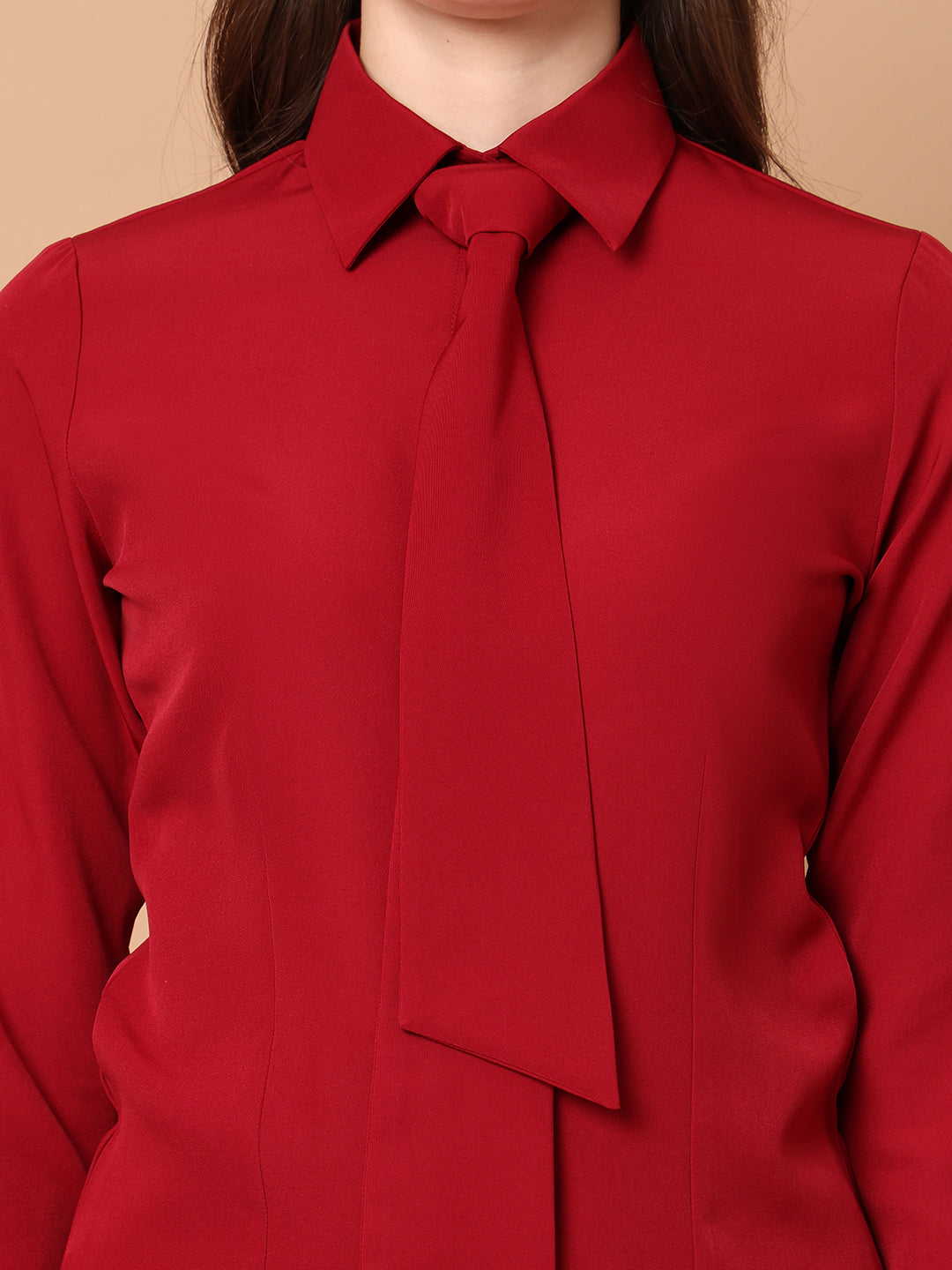 Exude Reign Supreme Shirt with Tie Paired with Matching Bootcut Trouser Red Co-ord Sets