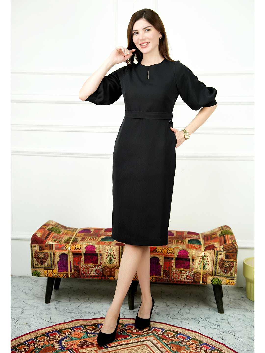 Exude Bright Low 3/4 Puff Sleeve Dress Black Dresses