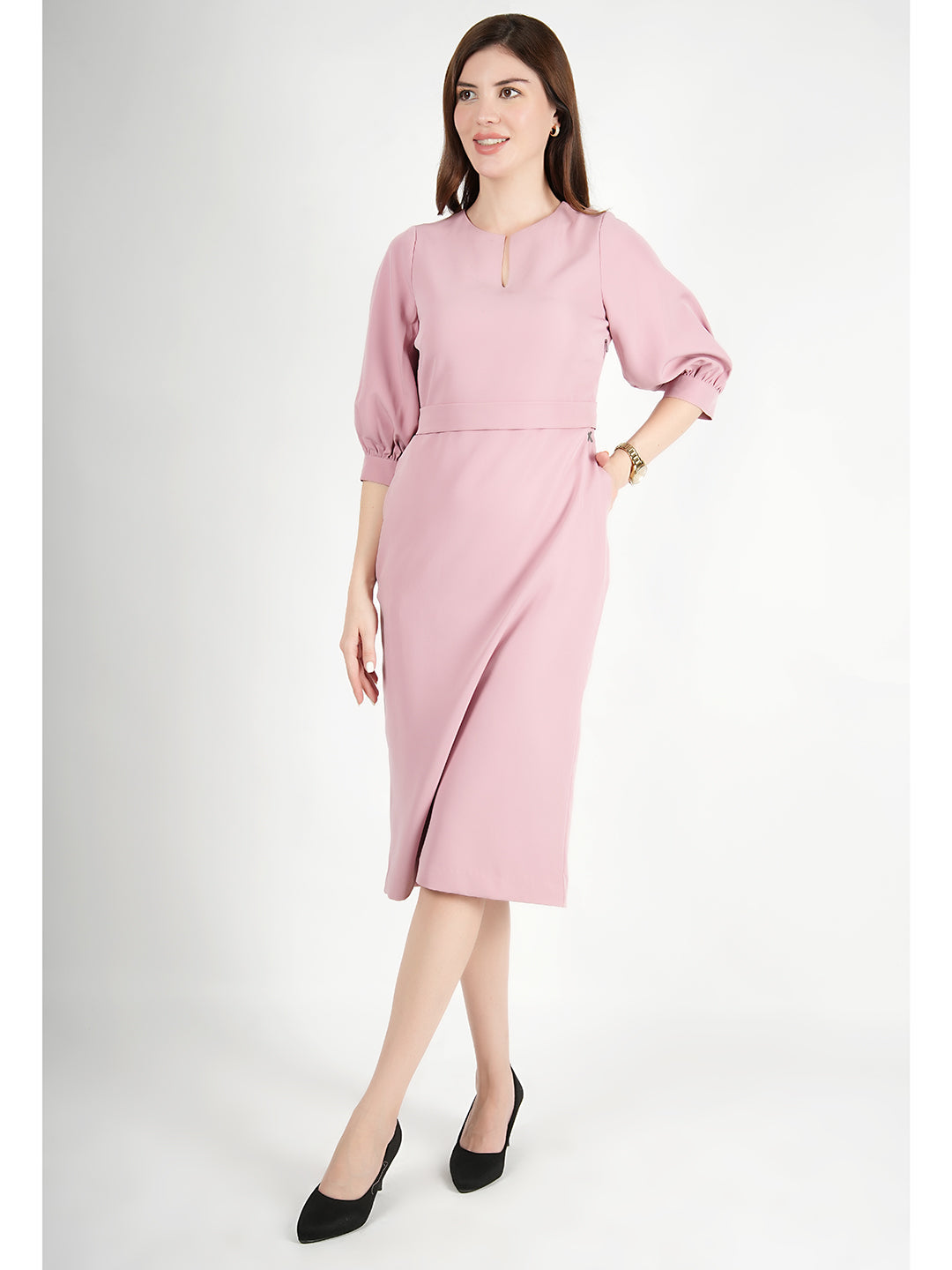 Exude Bright Low 3/4 Puff Sleeve Dress Blush Pink Dresses