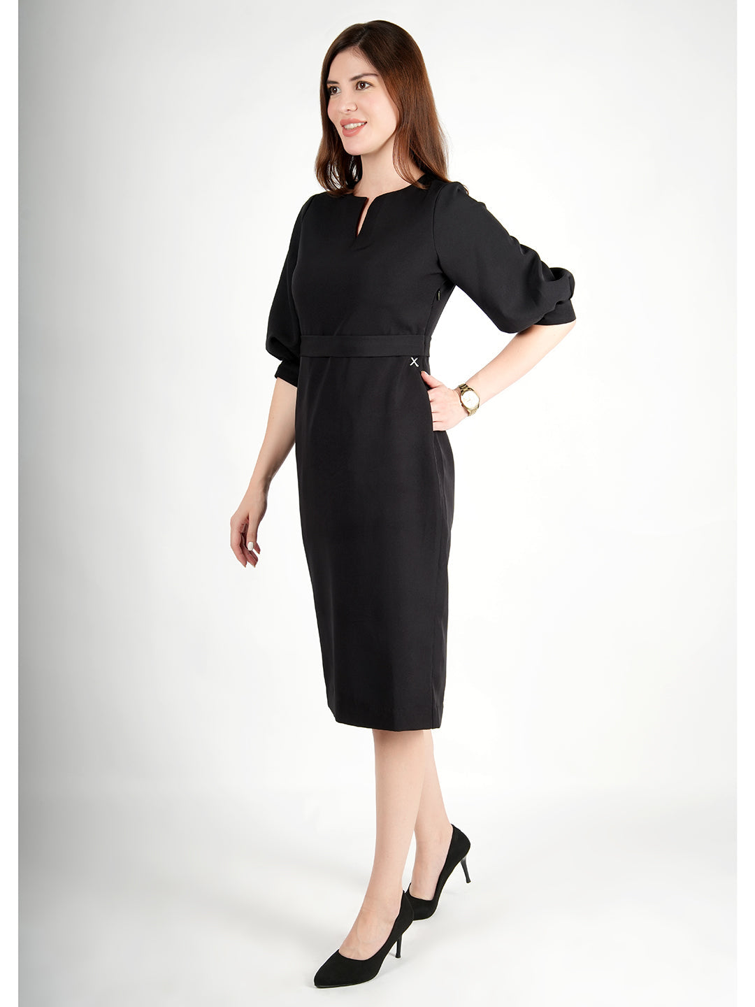 Exude Bright Low 3/4 Puff Sleeve Dress Black Dresses