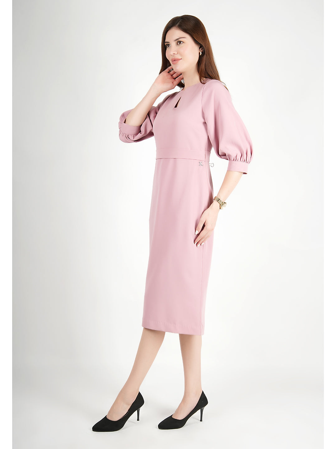 Exude Bright Low 3/4 Puff Sleeve Dress Blush Pink Dresses