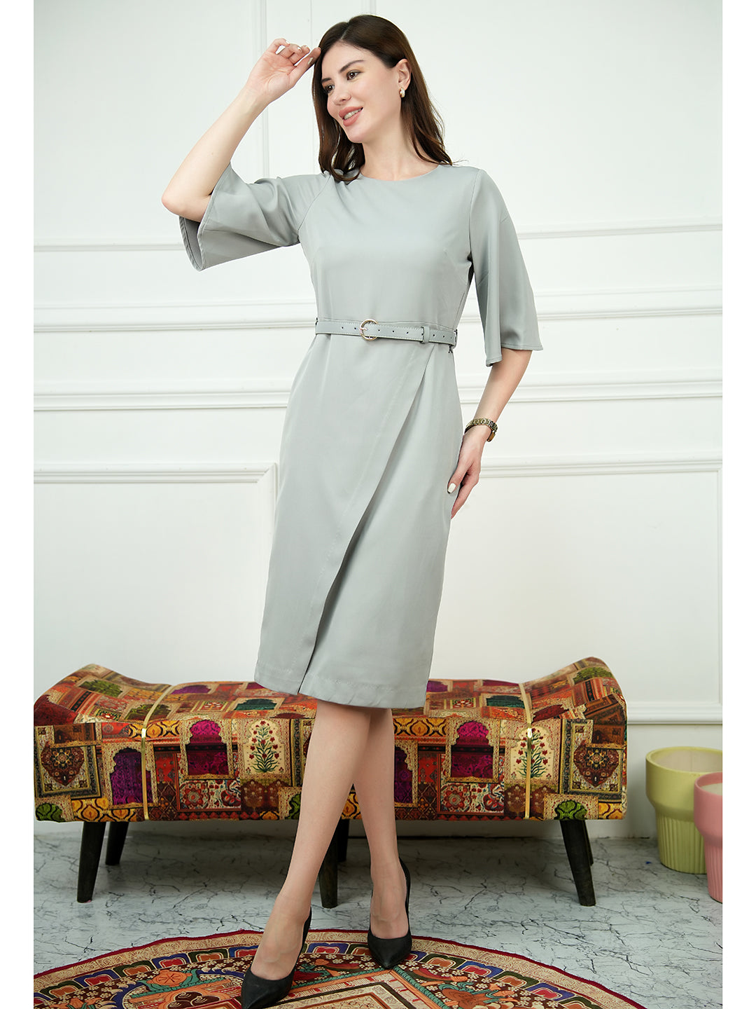 Exude Bliss Bell Sleeve Dress with Belt Grey Dresses