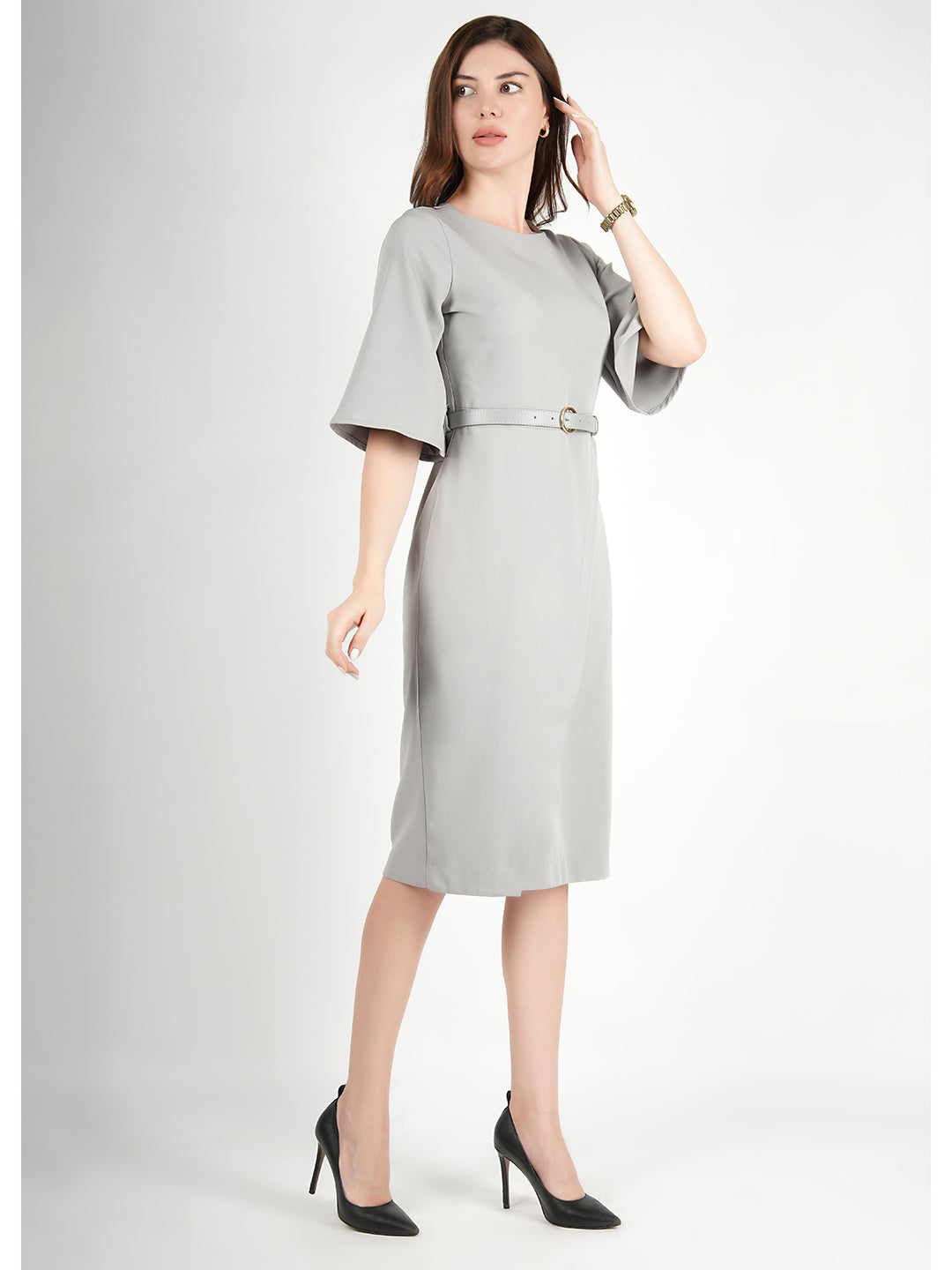 Exude Bliss Bell Sleeve Dress with Belt Grey Dresses