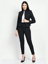 Exude Fearlessness Striped Short Blazer Pant Suit Black Suit