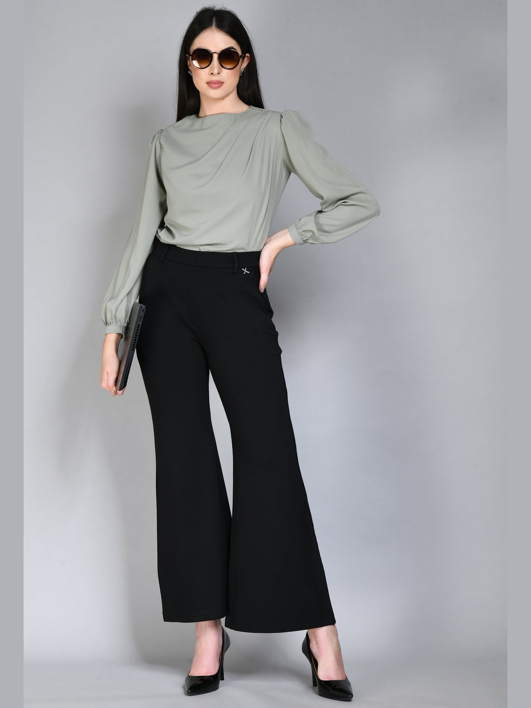 Exude Genius Pleat Detail Top Pista Green Tops