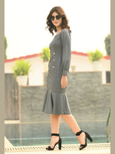 Exude Peak Checked Fishtail Midi Dress Charcoal Black Dresses